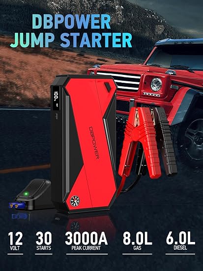 DBPOWER Peak 3000A 18000mAh Portable Car Jump Starter (up to 8.0L Gas, 6.0L Diesel Engine) Battery Booster with Smart Charging Port, Compass, LCD Screen and LED Light (Black/Red)