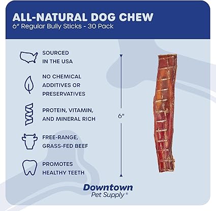 Downtown Pet Supply USA-Made Bully Sticks for Dogs (6", 30-Pack Regular) Rawhide Free Dog Chews Long Lasting Non-Splintering Pizzle Sticks - Low Odor Bully Sticks for Large Dogs