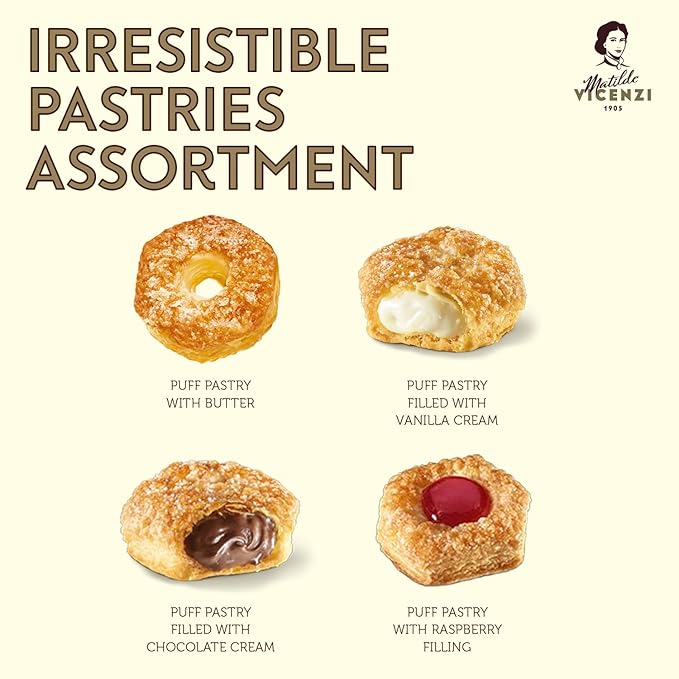 Matilde Vicenzi Millefoglie D'Italia Fine Selection of Italian Puff Pastries, Assortment of Vanilla, Chocolate, Butter & Raspberry Cookies for Gifting - 13.23 oz (375g)