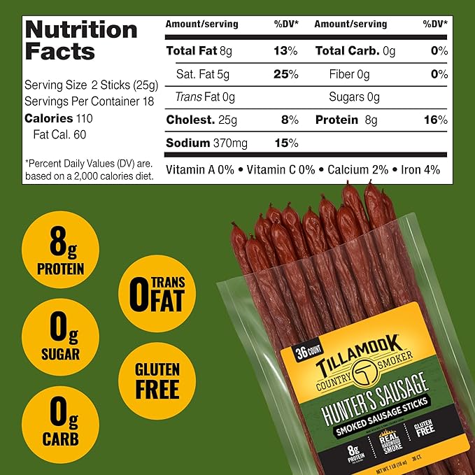 Tillamook Country Smoker Smoked Sausage, Hunter's Sausage, 16 Ounce (36 Count Meat Sticks Bulk Pack) Real Hardwood Smoked, Low Carb, High Protein Ready to Eat Keto Snack