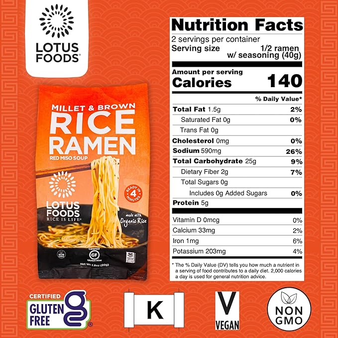 Lotus Foods Bulk Food Organic Millet & Brown Rice Ramen Noodles with Red Miso Soup, Gluten-Free Easy to Cook & Healthy Japanese Noodles with Instant Gourmet Broth, 2.8 Oz (Pack of 10)