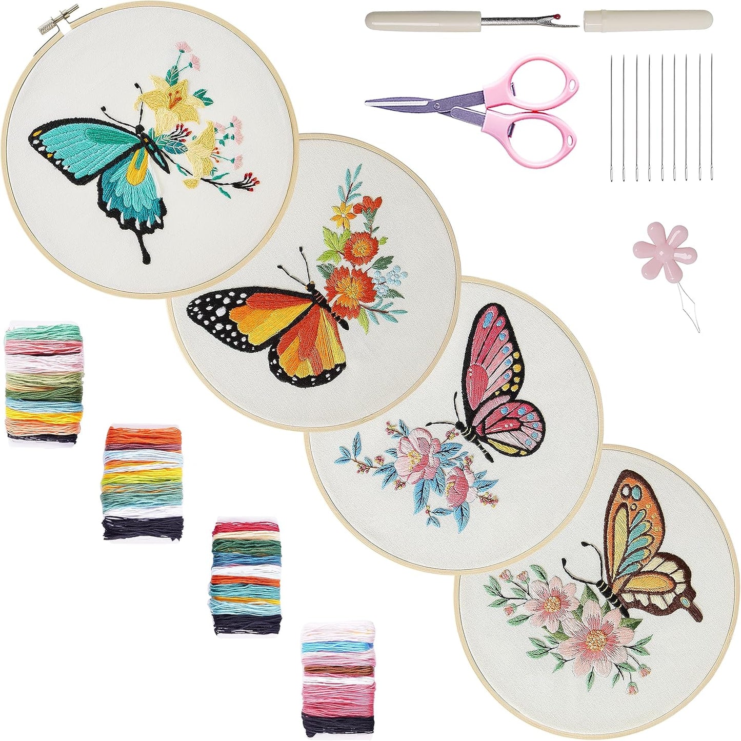 Bonroy 4 Sets Embroidery Kit for Beginners Art Craft Handy Sewing Include Embroidery Clothes with Pattern, Hoops, Instructions,Color Threads Needle Kit (Multi 1)