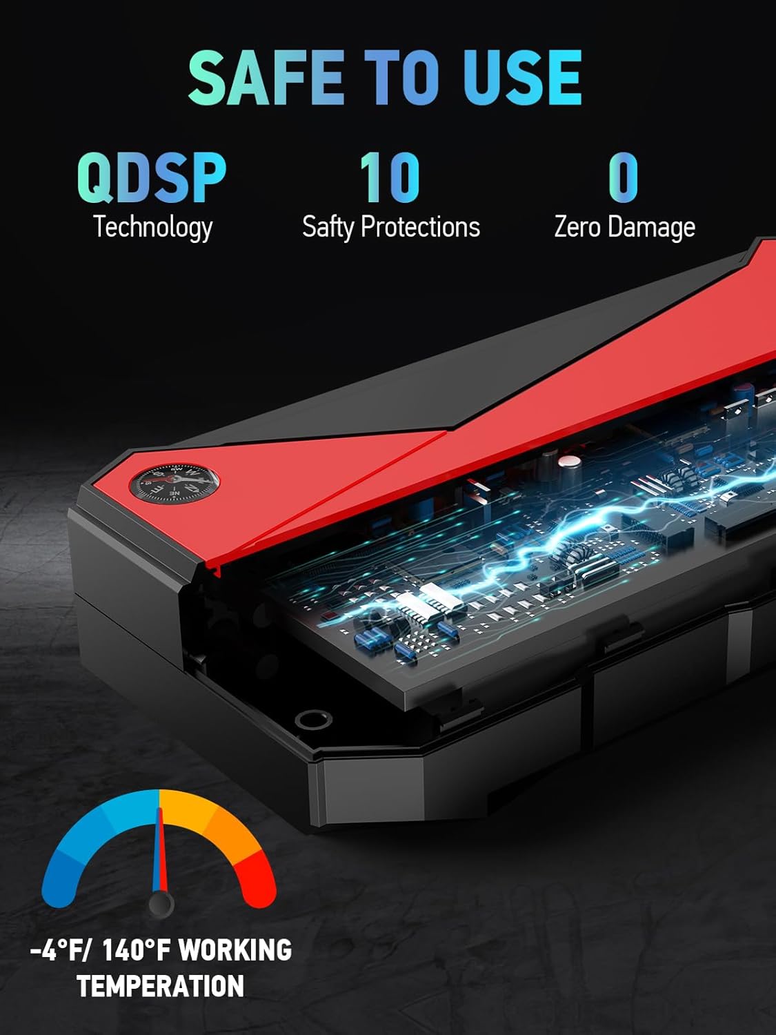 DBPOWER Peak 3000A 18000mAh Portable Car Jump Starter (up to 8.0L Gas, 6.0L Diesel Engine) Battery Booster with Smart Charging Port, Compass, LCD Screen and LED Light (Black/Red)