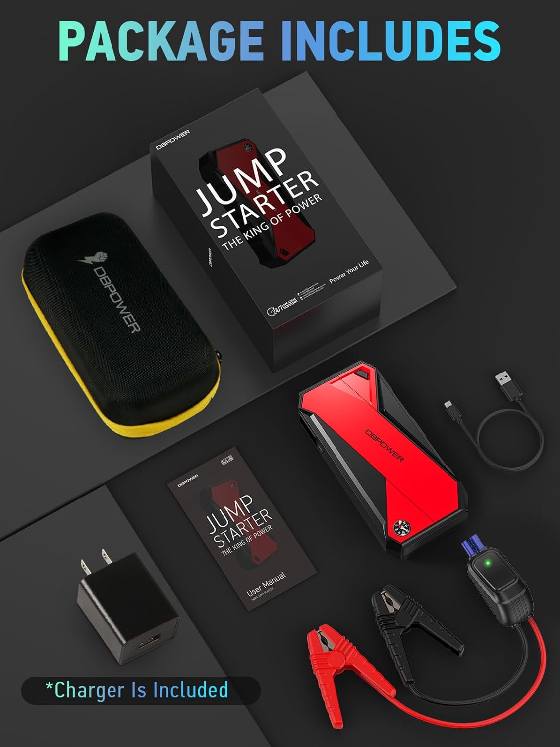 DBPOWER Peak 3000A 18000mAh Portable Car Jump Starter (up to 8.0L Gas, 6.0L Diesel Engine) Battery Booster with Smart Charging Port, Compass, LCD Screen and LED Light (Black/Red)