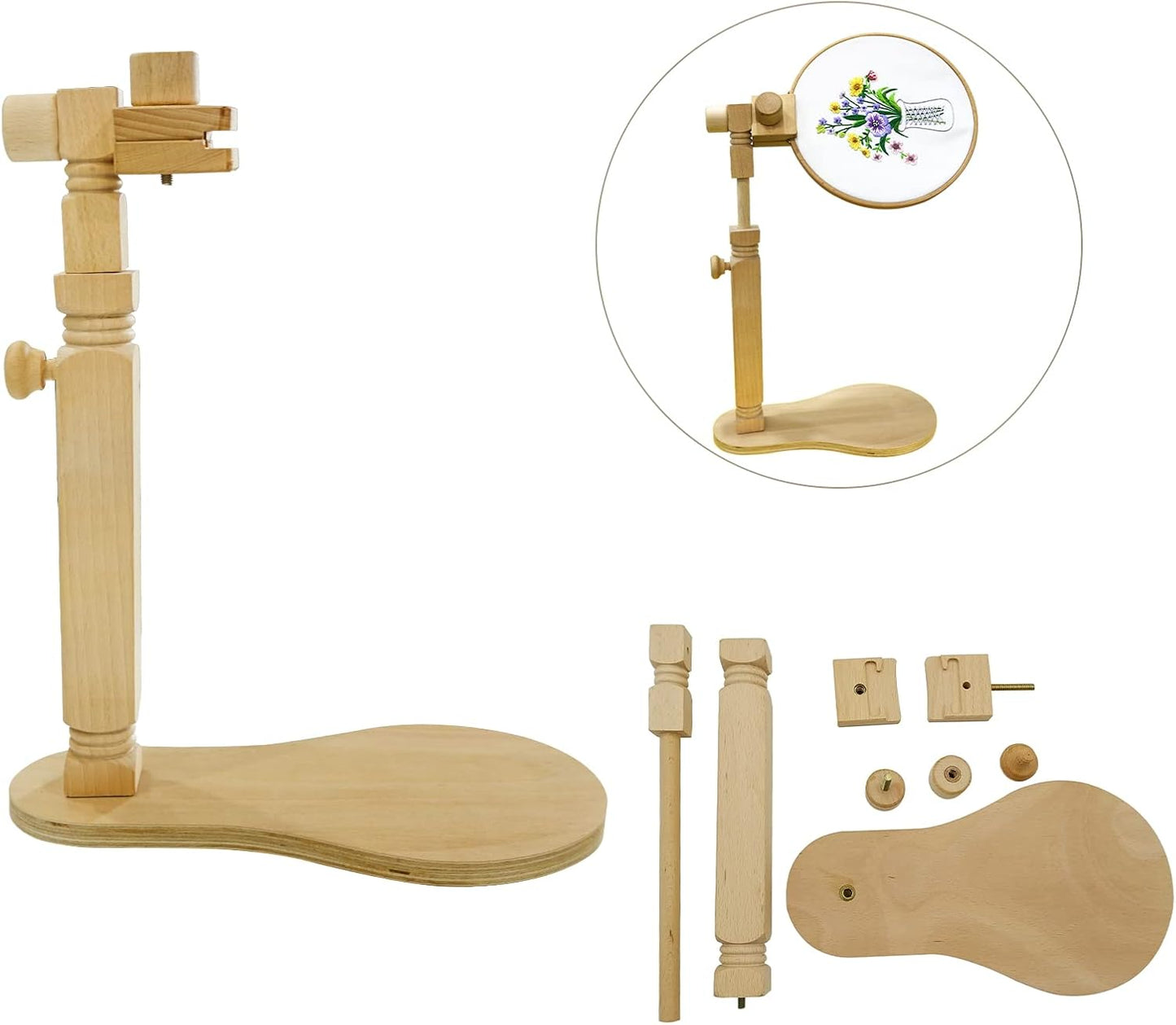 Adjustable Embroidery Hoop Stand Cross Stitch Stand Lap, Beech Wood Embroidery Hoop Holder Frame, Rotated Needlepoint Frame Stand for Art Craft Sewing Needlework Projects