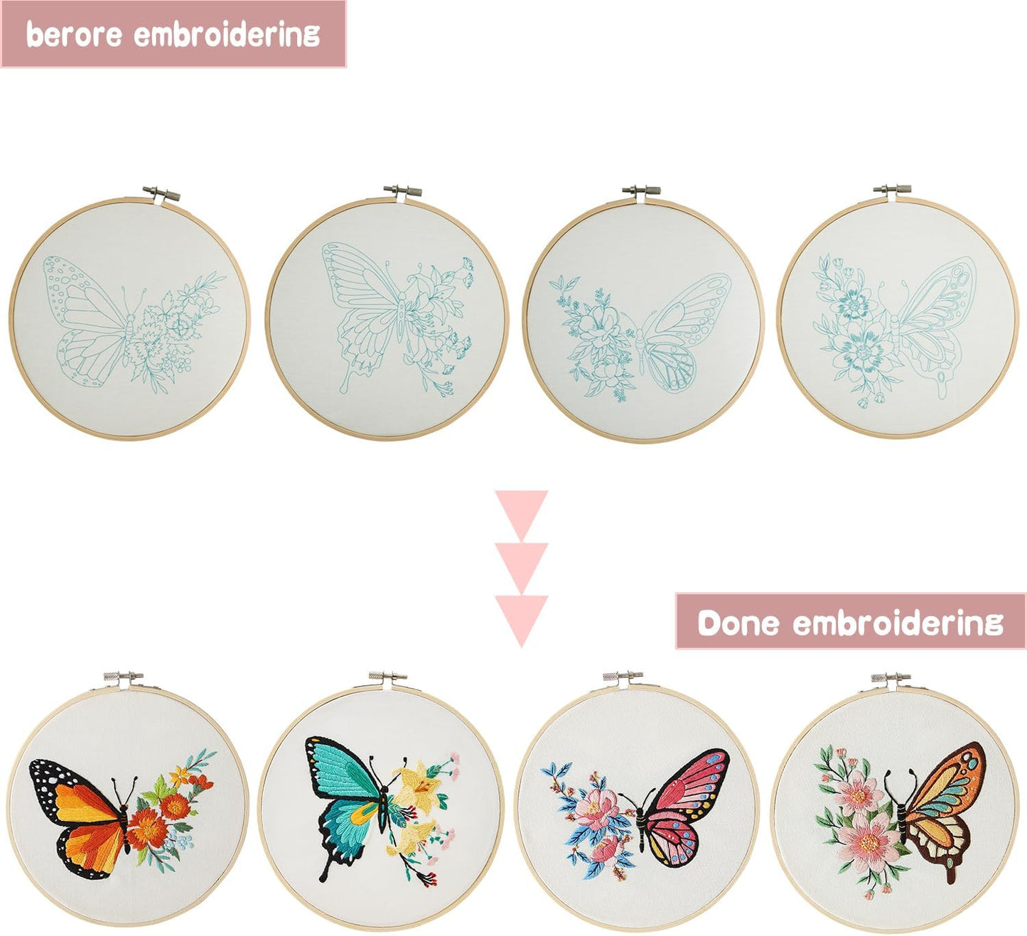 Bonroy 4 Sets Embroidery Kit for Beginners Art Craft Handy Sewing Include Embroidery Clothes with Pattern, Hoops, Instructions,Color Threads Needle Kit (Multi 1)