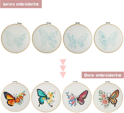 Bonroy 4 Sets Embroidery Kit for Beginners Art Craft Handy Sewing Include Embroidery Clothes with Pattern, Hoops, Instructions,Color Threads Needle Kit (Multi 1)