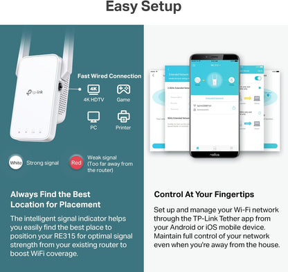 TP-Link AC1200 WiFi Extender, 2025 Wirecutter Best WiFi Extender, 1.2Gbps Home Signal Booster, Dual Band 5GHz/2.4GHz, Up to 1600 Sq.ft and 32 Devices, EasyMesh Compatible, One Ethernet Port (RE315)