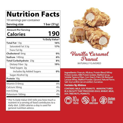 Genius Gourmet Nut Roll Bars Vanilla Caramel Peanut – 10g Protien, Zero Added Sugar, Gluten Free, Non-GMO – Sweet Snack & Dessert for Adults and Kids – 10 Ct Box
