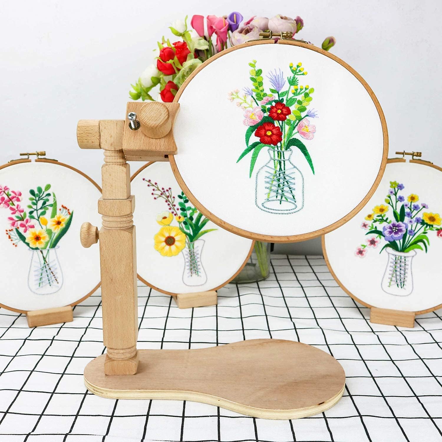 Adjustable Embroidery Hoop Stand Cross Stitch Stand Lap, Beech Wood Embroidery Hoop Holder Frame, Rotated Needlepoint Frame Stand for Art Craft Sewing Needlework Projects