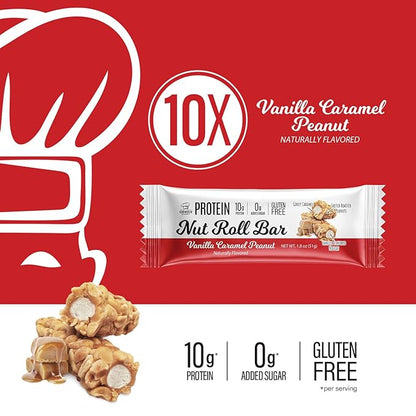 Genius Gourmet Nut Roll Bars Vanilla Caramel Peanut – 10g Protien, Zero Added Sugar, Gluten Free, Non-GMO – Sweet Snack & Dessert for Adults and Kids – 10 Ct Box