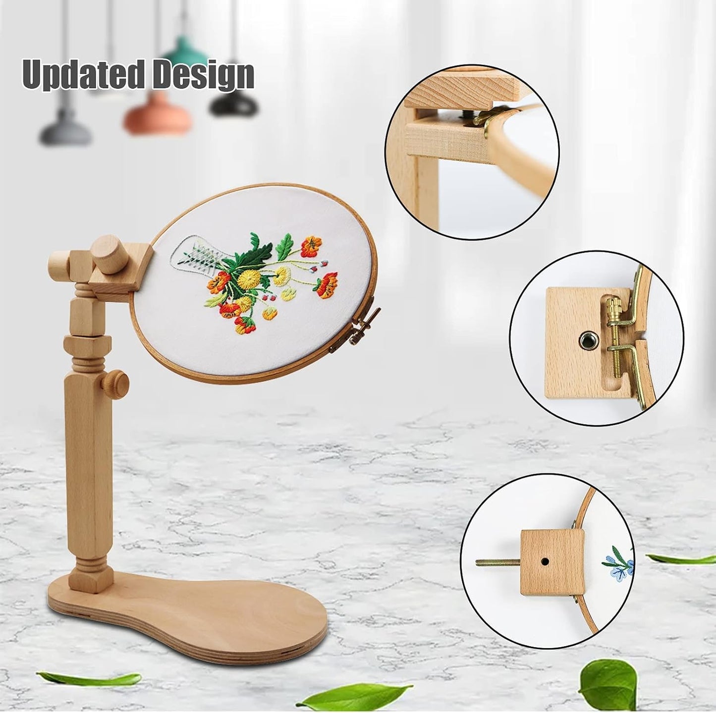 Adjustable Embroidery Hoop Stand Cross Stitch Stand Lap, Beech Wood Embroidery Hoop Holder Frame, Rotated Needlepoint Frame Stand for Art Craft Sewing Needlework Projects