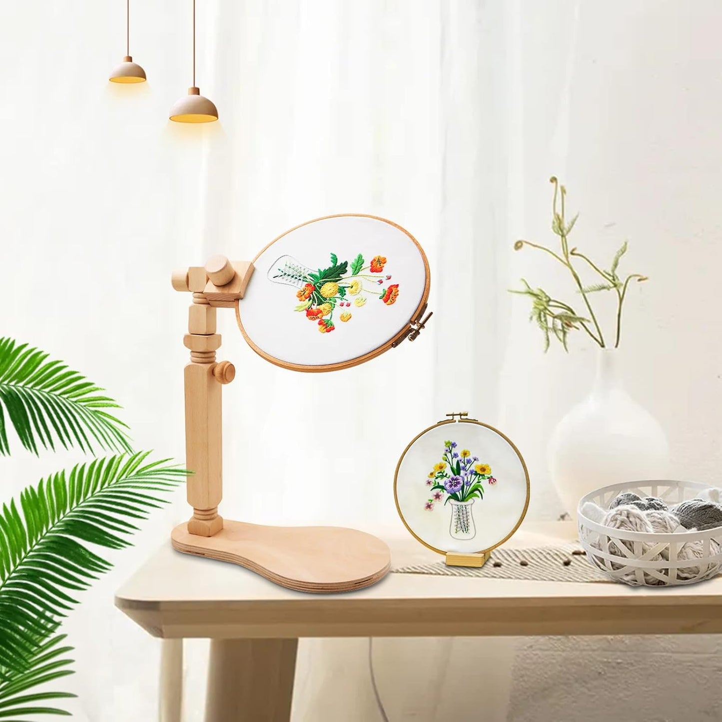 Adjustable Embroidery Hoop Stand Cross Stitch Stand Lap, Beech Wood Embroidery Hoop Holder Frame, Rotated Needlepoint Frame Stand for Art Craft Sewing Needlework Projects