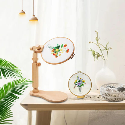 Adjustable Embroidery Hoop Stand Cross Stitch Stand Lap, Beech Wood Embroidery Hoop Holder Frame, Rotated Needlepoint Frame Stand for Art Craft Sewing Needlework Projects