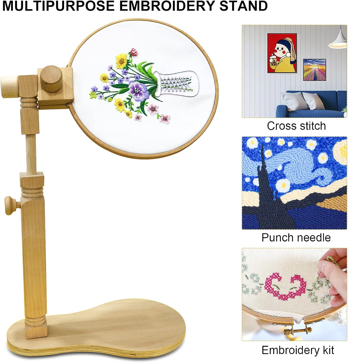 Adjustable Embroidery Hoop Stand Cross Stitch Stand Lap, Beech Wood Embroidery Hoop Holder Frame, Rotated Needlepoint Frame Stand for Art Craft Sewing Needlework Projects