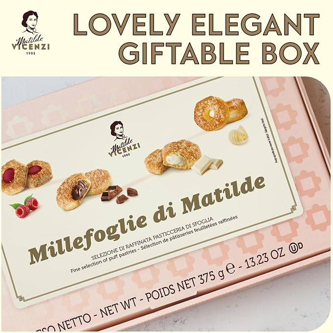 Matilde Vicenzi Millefoglie D'Italia Fine Selection of Italian Puff Pastries, Assortment of Vanilla, Chocolate, Butter & Raspberry Cookies for Gifting - 13.23 oz (375g)