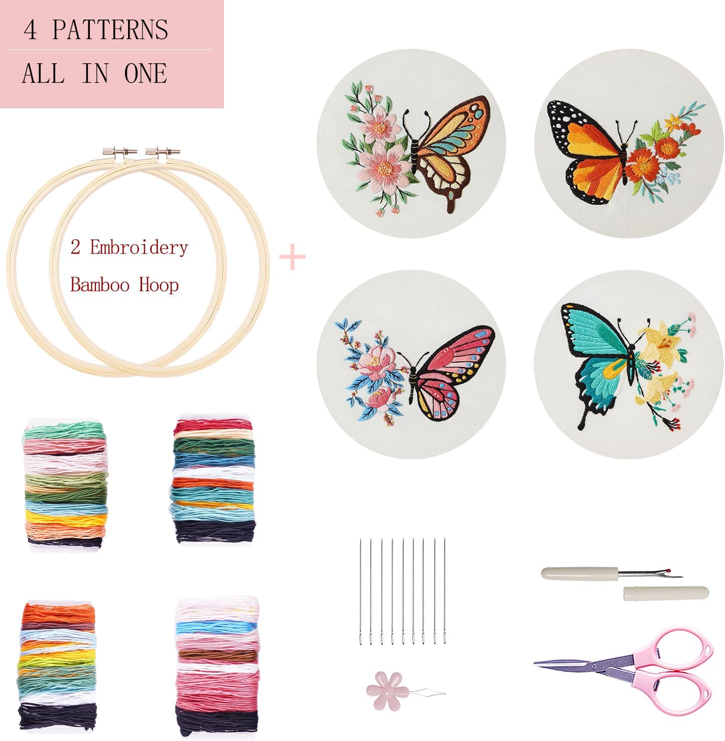 Bonroy 4 Sets Embroidery Kit for Beginners Art Craft Handy Sewing Include Embroidery Clothes with Pattern, Hoops, Instructions,Color Threads Needle Kit (Multi 1)