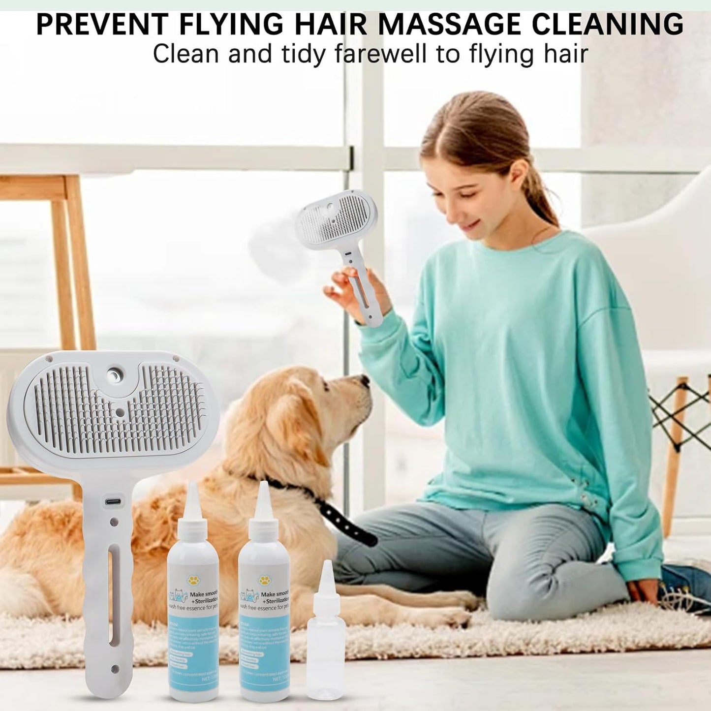 Pet Steam Brush for Cat & Dog – 4-in-1 De-Shedding, Steam Spray, and Self-Cleaning Grooming Tool – Ideal for Long and Short-Haired Pets– Includes 2 Bottles of 120 mL Waterless Shampoo(White)
