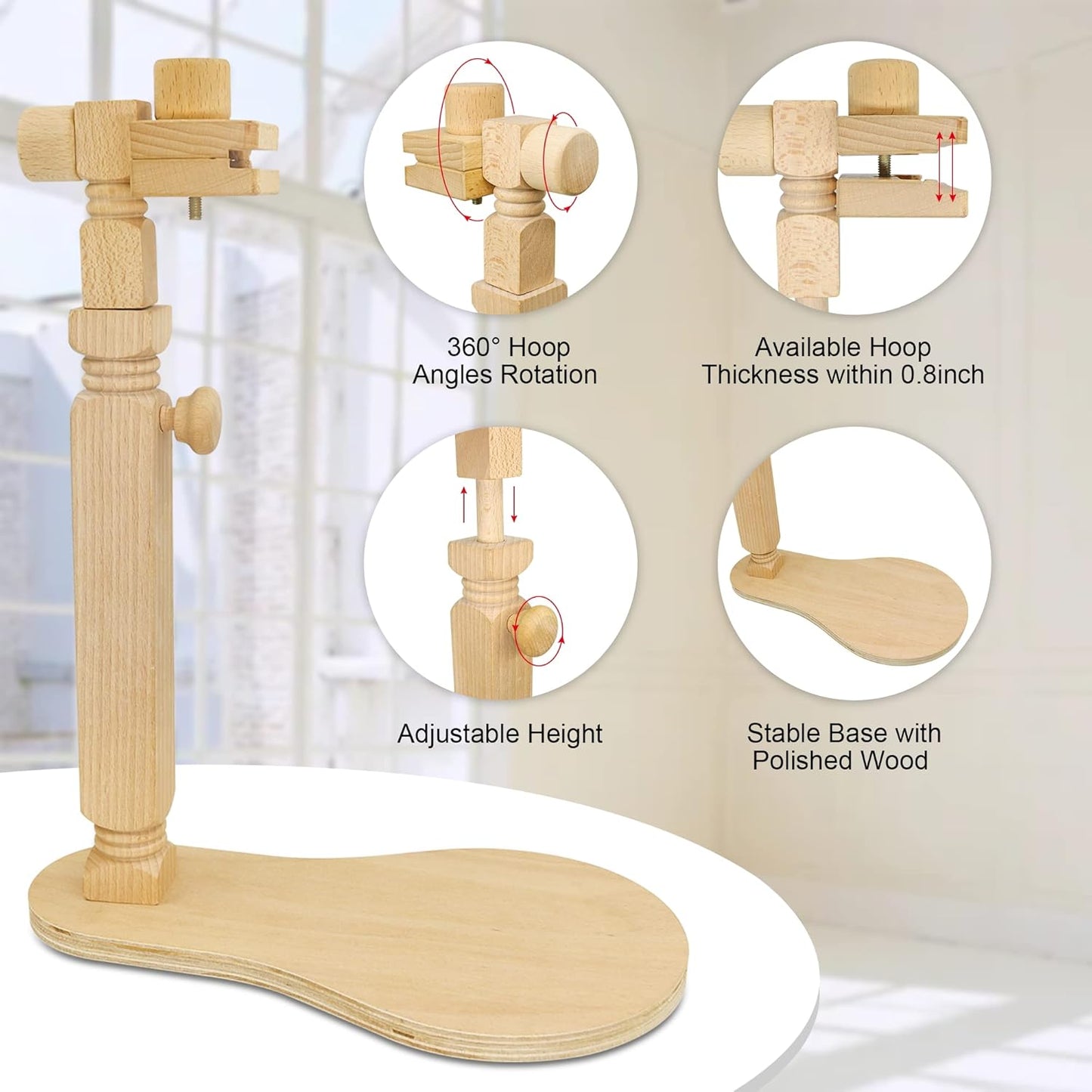 Adjustable Embroidery Hoop Stand Cross Stitch Stand Lap, Beech Wood Embroidery Hoop Holder Frame, Rotated Needlepoint Frame Stand for Art Craft Sewing Needlework Projects