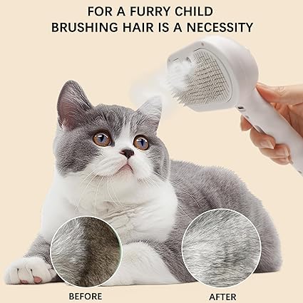 Pet Steam Brush for Cat & Dog – 4-in-1 De-Shedding, Steam Spray, and Self-Cleaning Grooming Tool – Ideal for Long and Short-Haired Pets– Includes 2 Bottles of 120 mL Waterless Shampoo(White)
