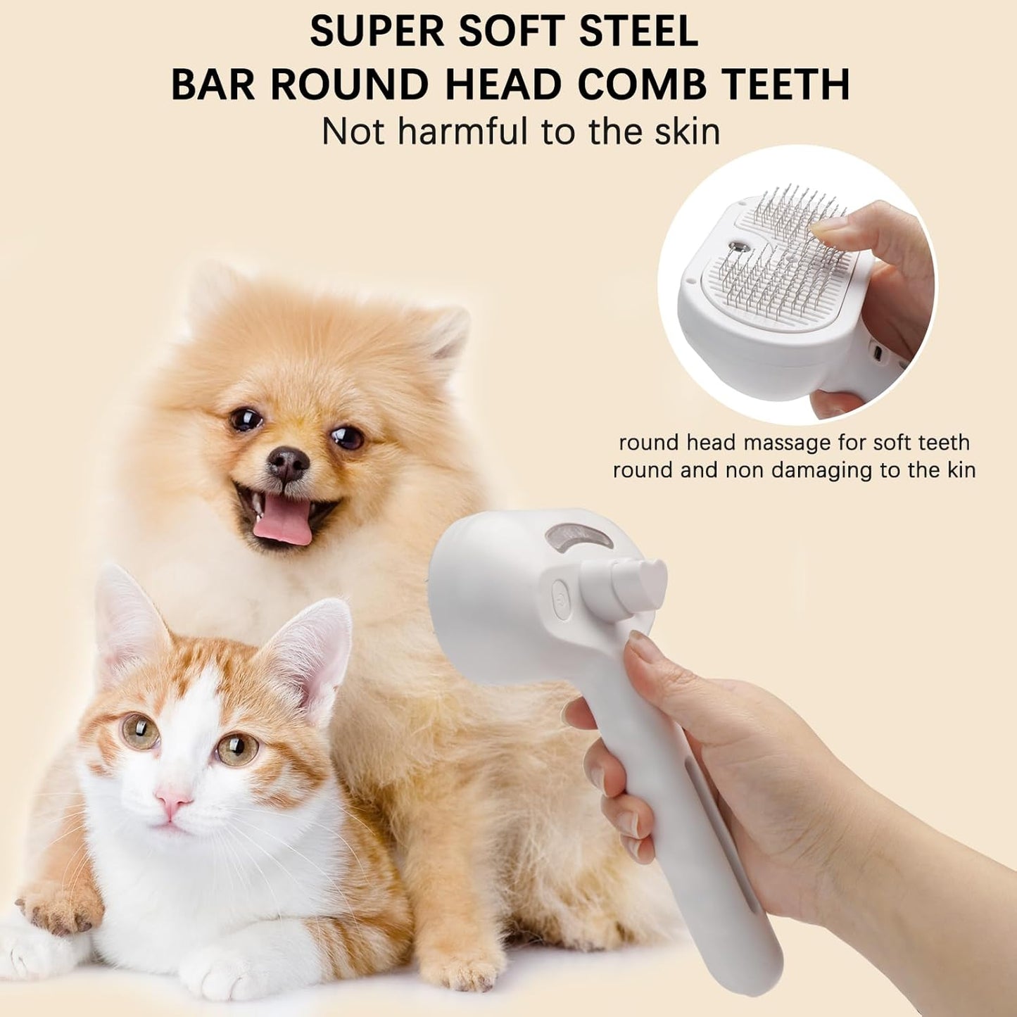 Pet Steam Brush for Cat & Dog – 4-in-1 De-Shedding, Steam Spray, and Self-Cleaning Grooming Tool – Ideal for Long and Short-Haired Pets– Includes 2 Bottles of 120 mL Waterless Shampoo(White)