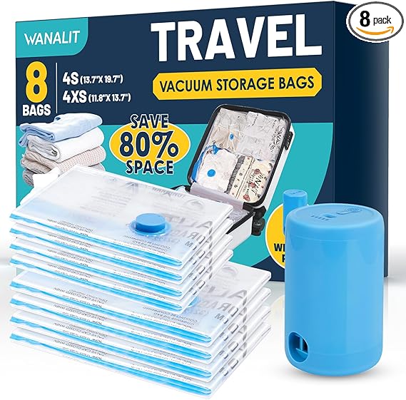 Vacuum Storage Bags for Travel, 8 Pack (4S+4XS) Vacuum Seal Bags with Wireless Rechargeable Electric Pump, Travel Essentials Space Saving Compression Bag for Clothes, Luggage, Suitcase, Backpack, Trip