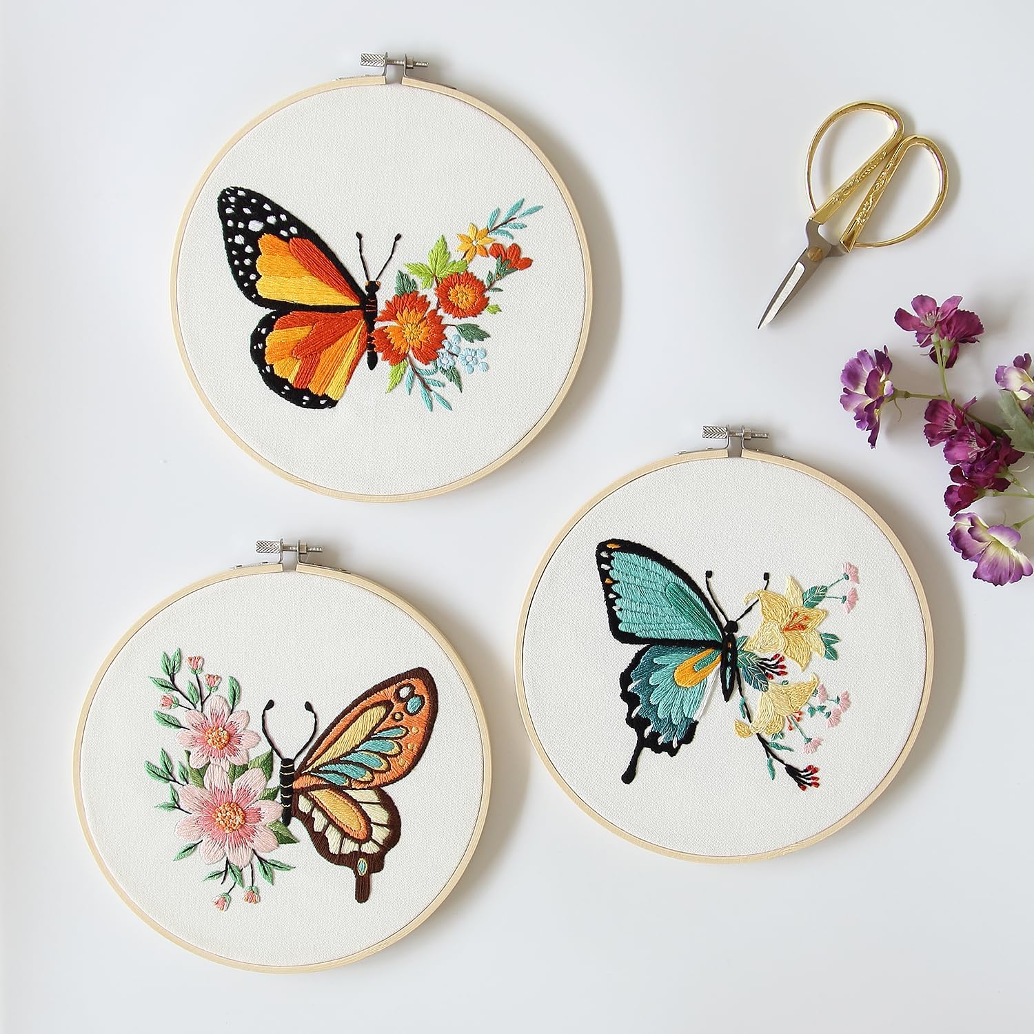 Bonroy 4 Sets Embroidery Kit for Beginners Art Craft Handy Sewing Include Embroidery Clothes with Pattern, Hoops, Instructions,Color Threads Needle Kit (Multi 1)