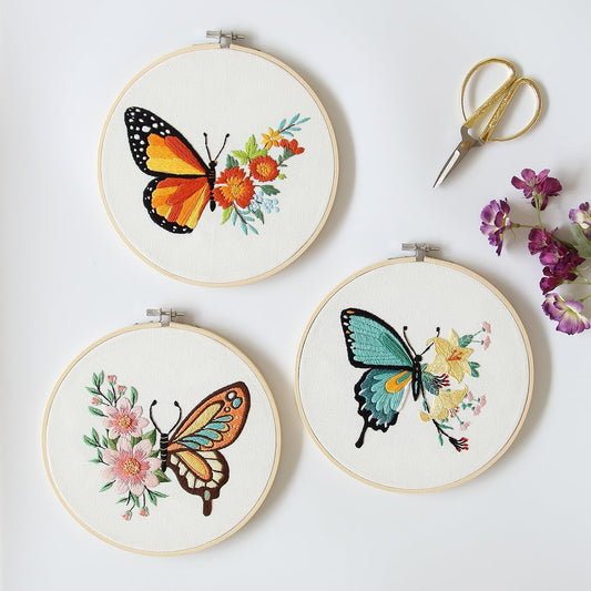 Bonroy 4 Sets Embroidery Kit for Beginners Art Craft Handy Sewing Include Embroidery Clothes with Pattern, Hoops, Instructions,Color Threads Needle Kit (Multi 1)