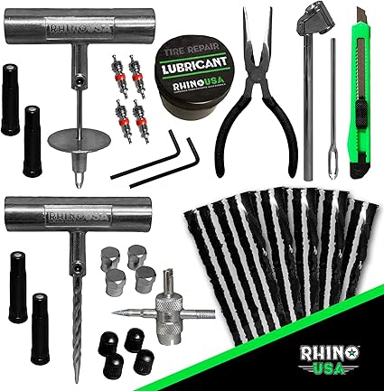 Rhino USA Tire Repair Kit (86-Piece) Professional Heavy Duty Tire Plug Kit to Fix Punctures & Patch Flats with Ease - Ultimate Tubeless Tire Repair Tools for Car, Motorcycle, ATV, UTV, RV and Trailer