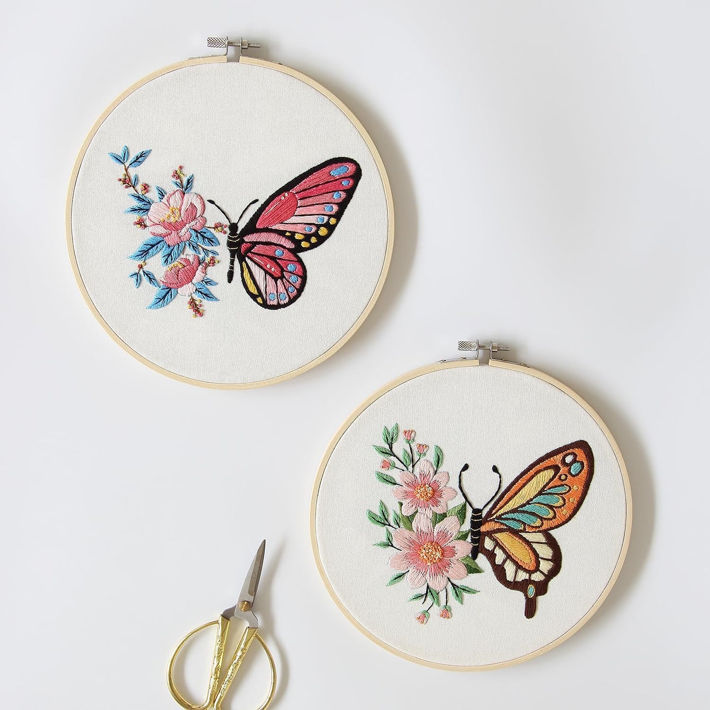 Bonroy 4 Sets Embroidery Kit for Beginners Art Craft Handy Sewing Include Embroidery Clothes with Pattern, Hoops, Instructions,Color Threads Needle Kit (Multi 1)