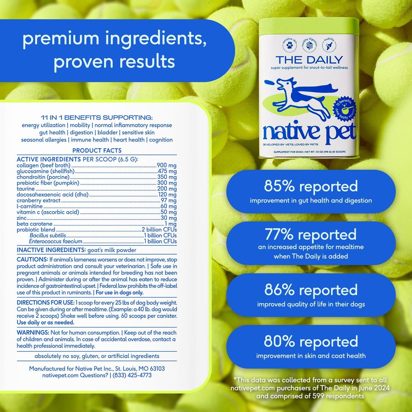 Click to see full view      4+  7 VIDEOS Native Pet Dog Vitamins & Supplements - 11-in-1 Multivitamin Powder for Dogs Food Topper - Collagen, Glucosamine, Probiotics, Omega & More- Supports Healthy Gut, Mobility & Overall Health -30 Scoops