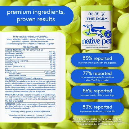 Click to see full view      4+  7 VIDEOS Native Pet Dog Vitamins & Supplements - 11-in-1 Multivitamin Powder for Dogs Food Topper - Collagen, Glucosamine, Probiotics, Omega & More- Supports Healthy Gut, Mobility & Overall Health -30 Scoops