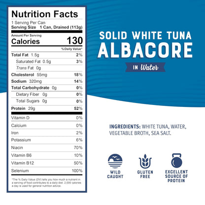 Bumble Bee Solid White Albacore Tuna in Water, 5 oz Can (Pack of 8) - Wild Caught Tuna - 29g Protein per Serving, High in Omega-3s - Non-GMO Project Verified, Gluten Free, Kosher