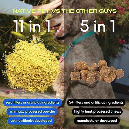 Click to see full view      4+  7 VIDEOS Native Pet Dog Vitamins & Supplements - 11-in-1 Multivitamin Powder for Dogs Food Topper - Collagen, Glucosamine, Probiotics, Omega & More- Supports Healthy Gut, Mobility & Overall Health -30 Scoops