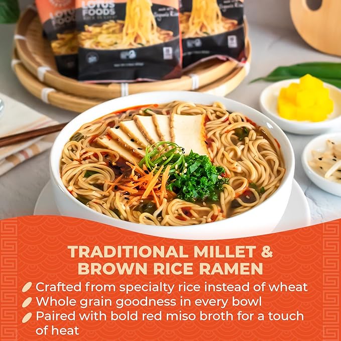 Lotus Foods Bulk Food Organic Millet & Brown Rice Ramen Noodles with Red Miso Soup, Gluten-Free Easy to Cook & Healthy Japanese Noodles with Instant Gourmet Broth, 2.8 Oz (Pack of 10)