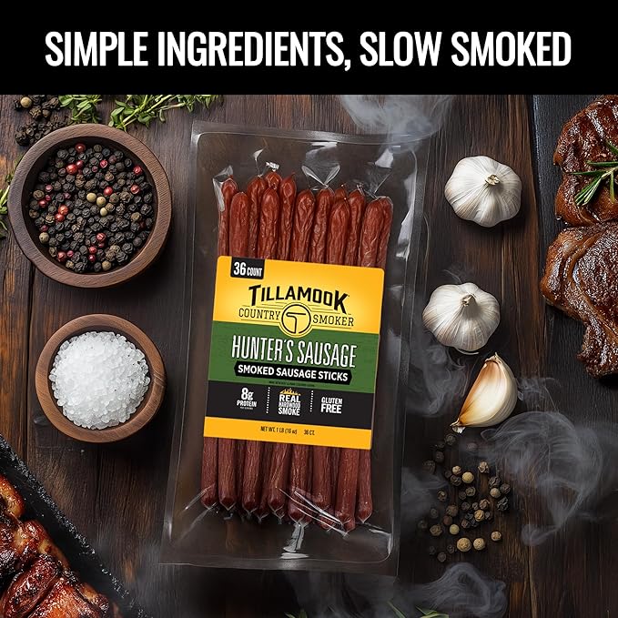 Tillamook Country Smoker Smoked Sausage, Hunter's Sausage, 16 Ounce (36 Count Meat Sticks Bulk Pack) Real Hardwood Smoked, Low Carb, High Protein Ready to Eat Keto Snack