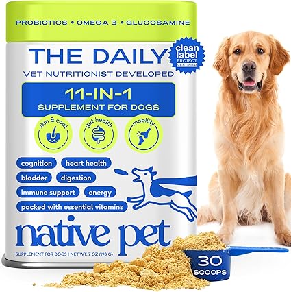 Click to see full view      4+  7 VIDEOS Native Pet Dog Vitamins & Supplements - 11-in-1 Multivitamin Powder for Dogs Food Topper - Collagen, Glucosamine, Probiotics, Omega & More- Supports Healthy Gut, Mobility & Overall Health -30 Scoops