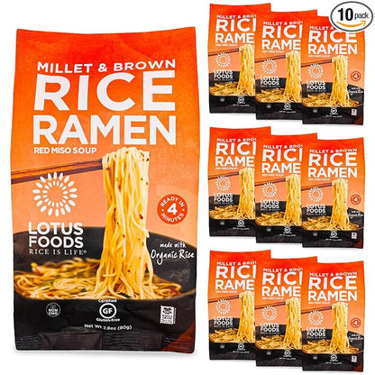 Lotus Foods Bulk Food Organic Millet & Brown Rice Ramen Noodles with Red Miso Soup, Gluten-Free Easy to Cook & Healthy Japanese Noodles with Instant Gourmet Broth, 2.8 Oz (Pack of 10)