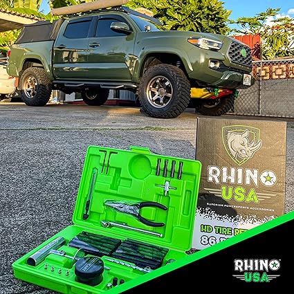 Rhino USA Tire Repair Kit (86-Piece) Professional Heavy Duty Tire Plug Kit to Fix Punctures & Patch Flats with Ease - Ultimate Tubeless Tire Repair Tools for Car, Motorcycle, ATV, UTV, RV and Trailer